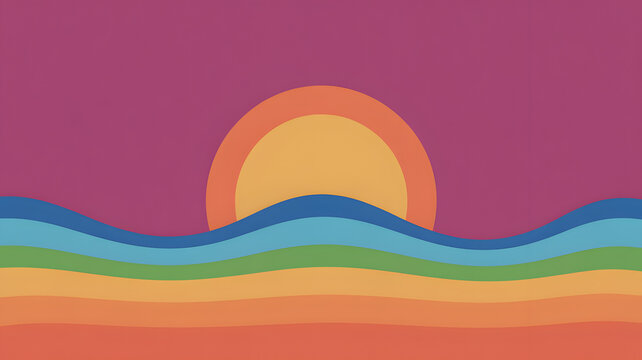 Retro sunset over vibrant rainbow waves during summer with warm glow