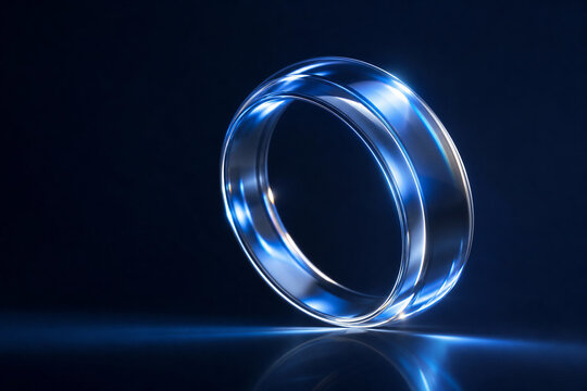Transparent Glass Ring with Blue Glow on Dark Background