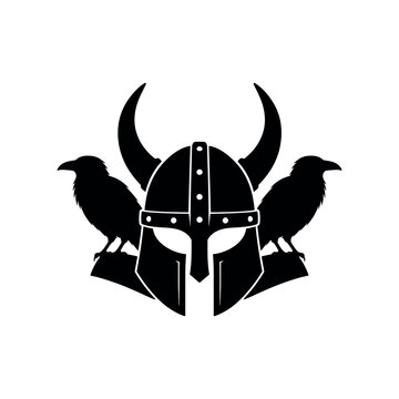 Black viking helmet with two ravens on a white background