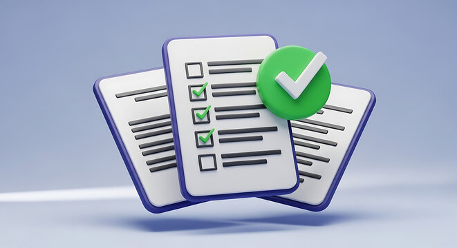 3D illustration of completed checklist documents with large green check mark symbolizing approval and task success checklist approved document questionnaire complete finished feedback business
