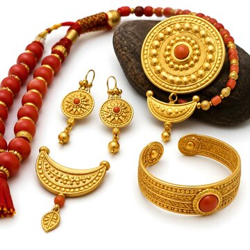 Traditional Limbu Gold Jewelry Set with Samyan, Chandrama, and Coral Beads on White Background