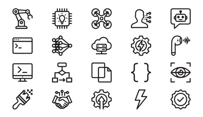 Fototapeta premium Digital technology and artificial intelligence icon set with technology
