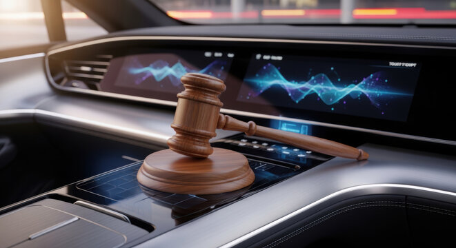 Autonomous vehicles regulation concept with wooden gavel on modern car dashboard symbolizing legal control and compliance