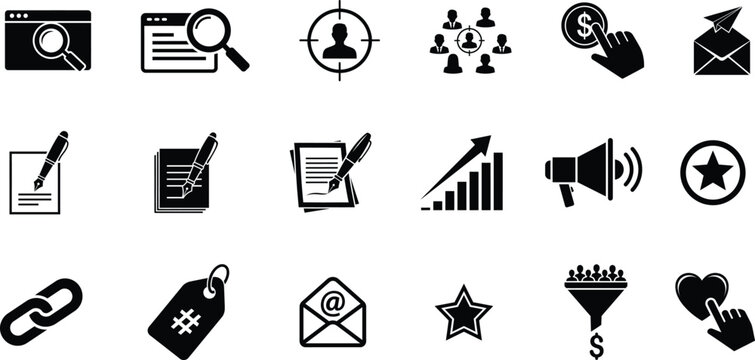Business icon set search targeting communication and growth silhouettes