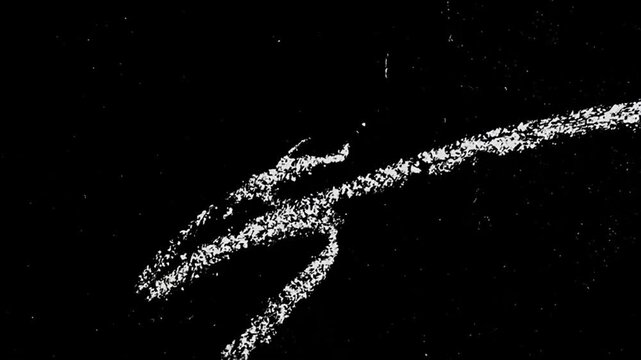 Abstract white chalk lines motion over black background creates artistic vintage film scratch texture effect for visual overlays as stylized dynamic motion graphic animation sequence loop.