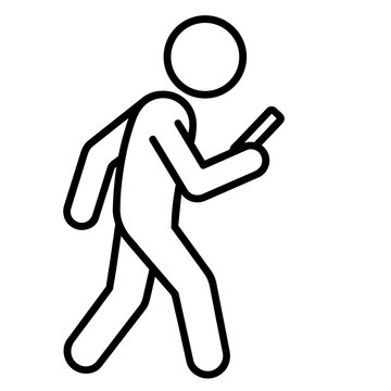 Man walking and using smartphone stick figure icon, minimalist line art of person side view with mobile phone for navigation, pedestrian traffic safety alert, and tech lifestyle concept.