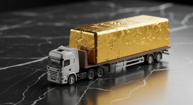 Gold bar truck transportation luxury commodity prices outlook wealth investment metal cargo delivery business finance shiny valuable transport