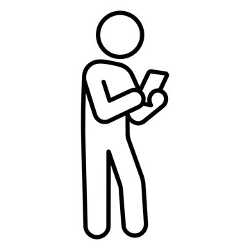 Man using smartphone stick figure icon, minimalist line art of person standing side view with mobile phone for social media browsing, checking message, and tech lifestyle concept.