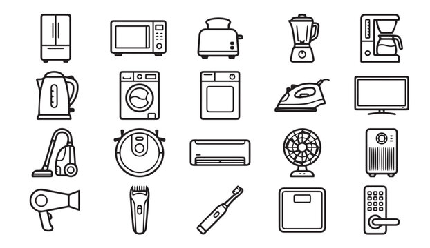 Household appliances and modern kitchen electronics icons with household