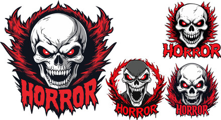 Horror skull mascot vector set, aggressive skull head with glowing red eyes, gothic death metal logo collection for gaming and apparel design © Design