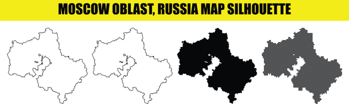 Moscow oblast russia map silhouette collection with outline and dotted pattern variations for digital designers.