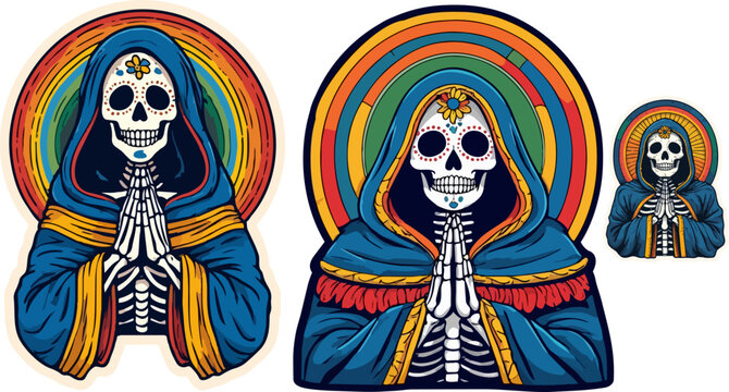 Mexican Santa Muerte skeleton vector set, praying grim reaper in blue robe, religious folk art skull illustration with colorful halo background