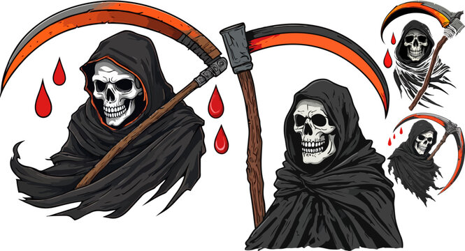 Grim reaper skeleton vector set, hooded death character with scythe and blood drops, spooky halloween grim reaper illustrations for apparel