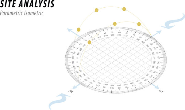 The architectural site analysis diagram shows a parametric isometric view of a circular grid with various measurements and annotations.