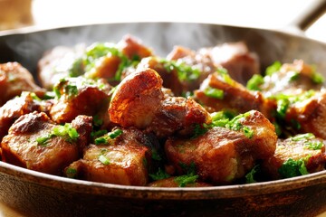 Fototapeta premium Crispy pork belly pieces frying in hot iron pan with herbs for savory dinner preparation.