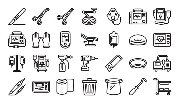 Set of medical and surgical equipment line icons with surgical, instrument