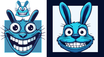 Crazy blue rabbit cartoon character, funny bunny mascot with big smile and teeth, whimsical hare head vector illustration for gaming and apparel © Design