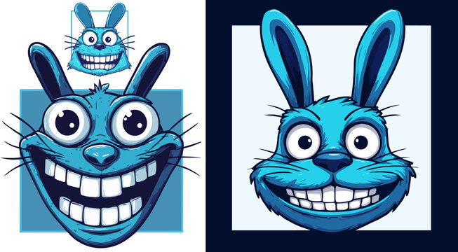Crazy blue rabbit cartoon character, funny bunny mascot with big smile and teeth, whimsical hare head vector illustration for gaming and apparel