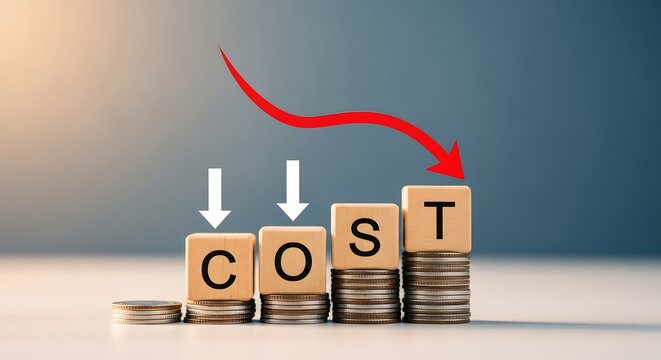 Cost reduction concept wooden blocks stacked on coins with downward arrow