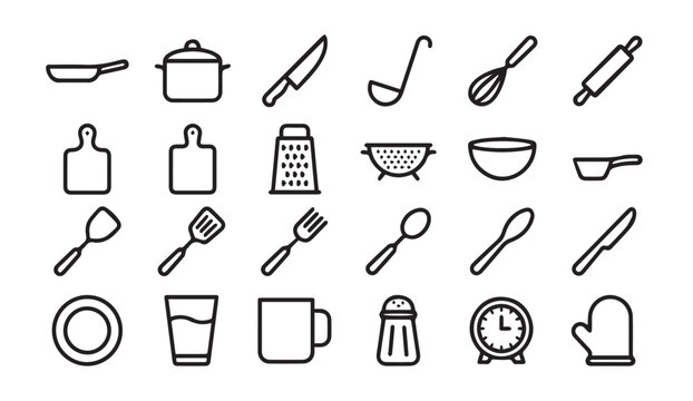 Set of kitchen utensils and cooking tools line icons with culinary, preparation
