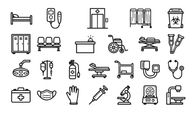 Hospital equipment and medical facilities line icon collection with hospital