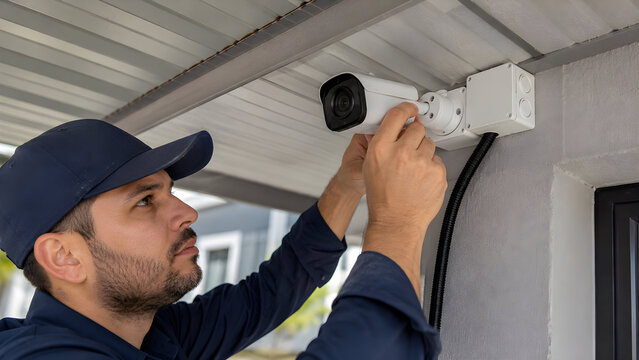 Professional technician installing outdoor security camera under residential metal roof
