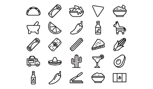 Mexican food and cuisine thin line icons with pi ata tortilla sombrero