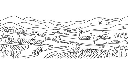 Naklejka premium Hand drawn landscape illustration with rolling hills and winding river.