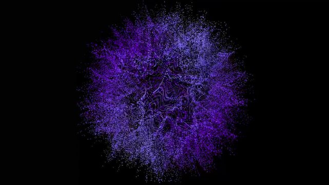 Abstract purple particle explosion with dark background burst energy