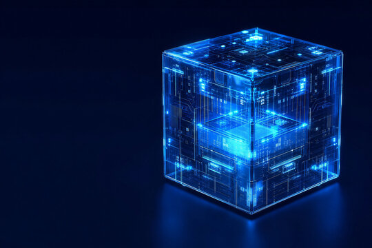 Glowing Blue Data Cube with Circuit Board Technology Background
