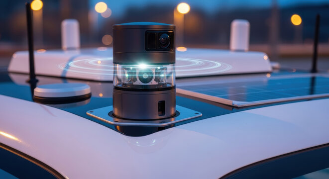Smart sensor on autonomous vehicle shows advanced city infrastructure technology for future urban mobility and safety