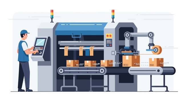 Man operating industrial packaging machine.