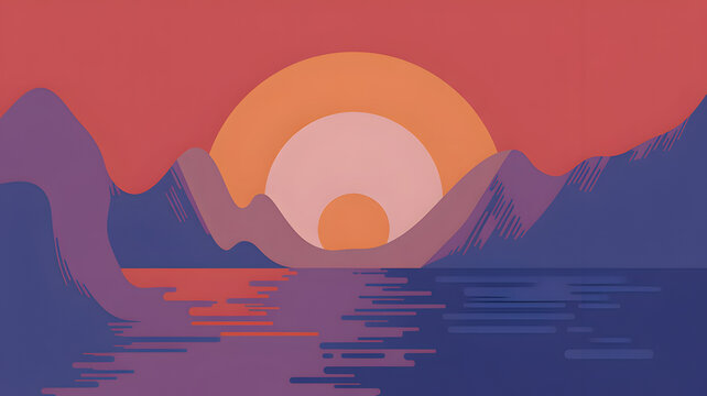Vibrant sunset over tranquil water with layered mountains and reflection in a stylized graphic