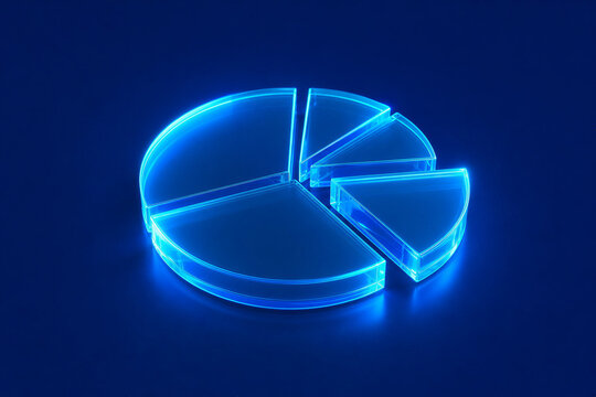 Glowing Blue 3D Glass Pie Chart with Exploded Segment on Blue Background
