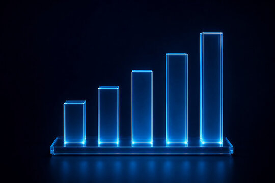 Glowing Blue 3D Glass Bar Chart Showing Growth on Dark Background