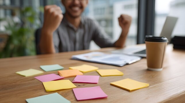 A person smiles and claps in a modern office setting celebrating a successful goal while surrounded by work documents and creative planning materials