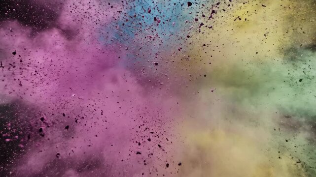Vibrant explosion of powdered pigments in a spectrum of vivid colors creates a dynamic, artistic cloud effect, perfect for energetic graphic design overlays and celebrating festive, colorful