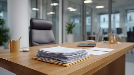 Naklejka premium A close up view of neatly arranged business documents and a mug on a modern office desk
