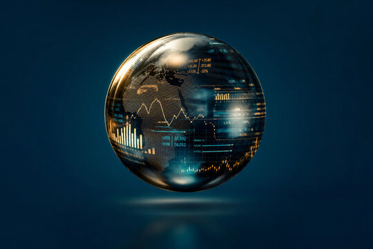 Metallic Globe with Golden Financial Data Charts on Teal Background