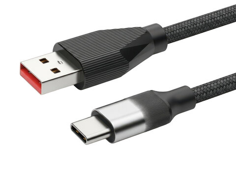 Black usb cable with usba and usbc connectors isolated on transparent background