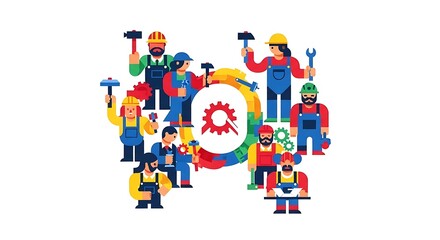 Fototapeta premium Illustrated team of construction workers holding tools around colorful gear icon