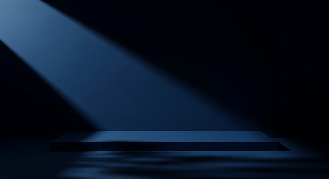 Minimalist empty product display stage with a sharp diagonal spotlight beam illuminating a dark blue surface background spotlight minimalist platform showroom presentation abstract