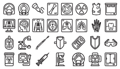 Fototapeta premium Medical imaging and radiological diagnostics line icons with radiology, hospital
