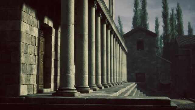 Golden Antioch promenade along colonnade with warm late afternoon light, elongated shadows on textured pavement, soft glow on capitals and inviting historic