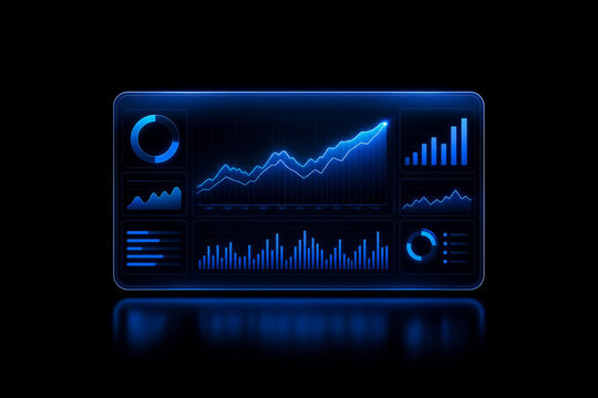 Futuristic Blue Glowing Analytics Dashboard with Data Charts