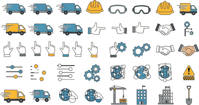 Construction, logistics, gesture, and global network icons collection in colorful editable vector illustration styleConstruction, logistics, gesture, and global network icons collection in colorful ed