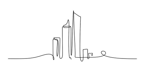 Minimalist continuous single line drawing of a modern city skyline with tall office buildings and skyscrapers for urban architecture design concept Vector, illustration © Rimi Kailash Arts