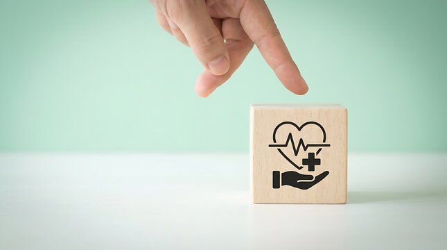 A hand places a wooden block with a heart and medical symbol on a white table against a green background.