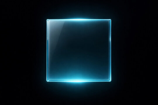 Glowing Cyan Glass Square Frame on Black Background with Copy Space