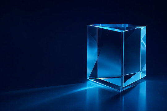 Transparent Glass Cube with Blue Light Reflection on Dark Background